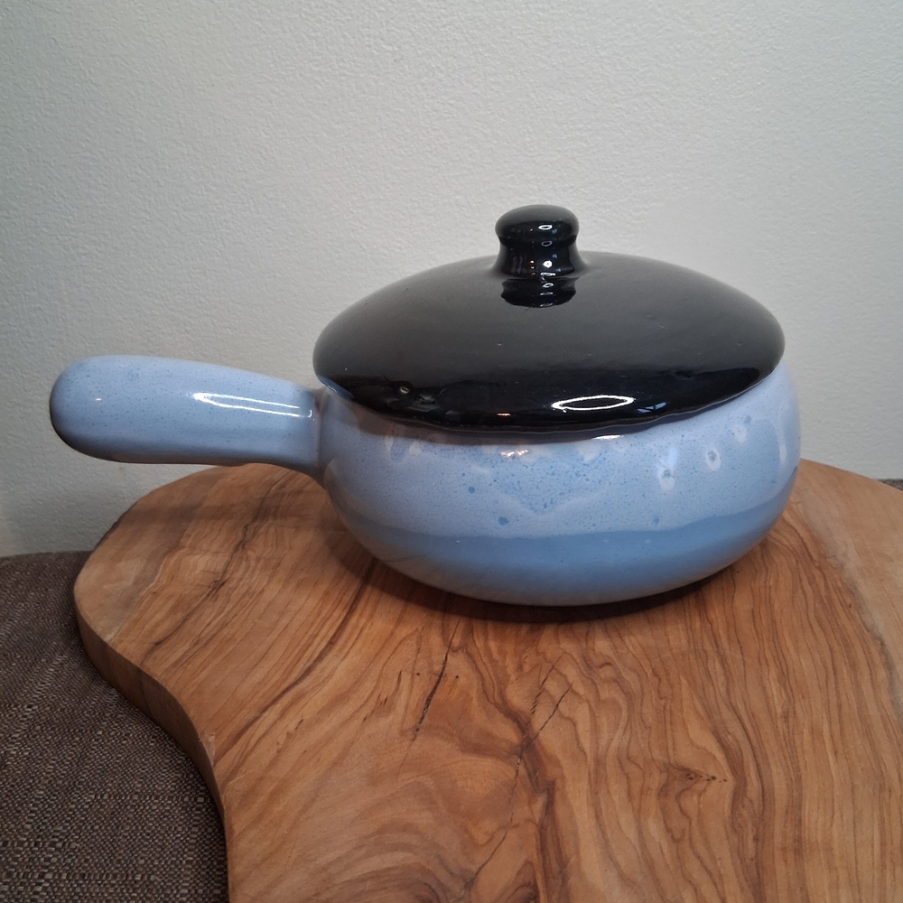 Artisan Blue Drip Glaze Ceramic Soup Bowl with Lid and Handle Made in USA